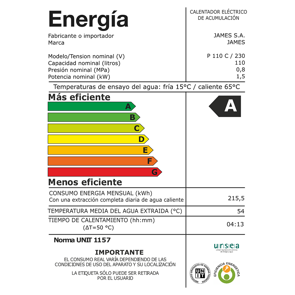 Etiqueta de eficiencia energética Termotanque James Cilíndrico 110 litros