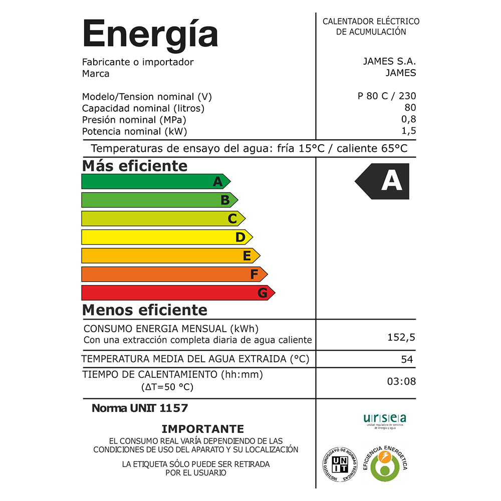Etiqueta de eficiencia energética Termotanque James Cilíndrico 80 litros
