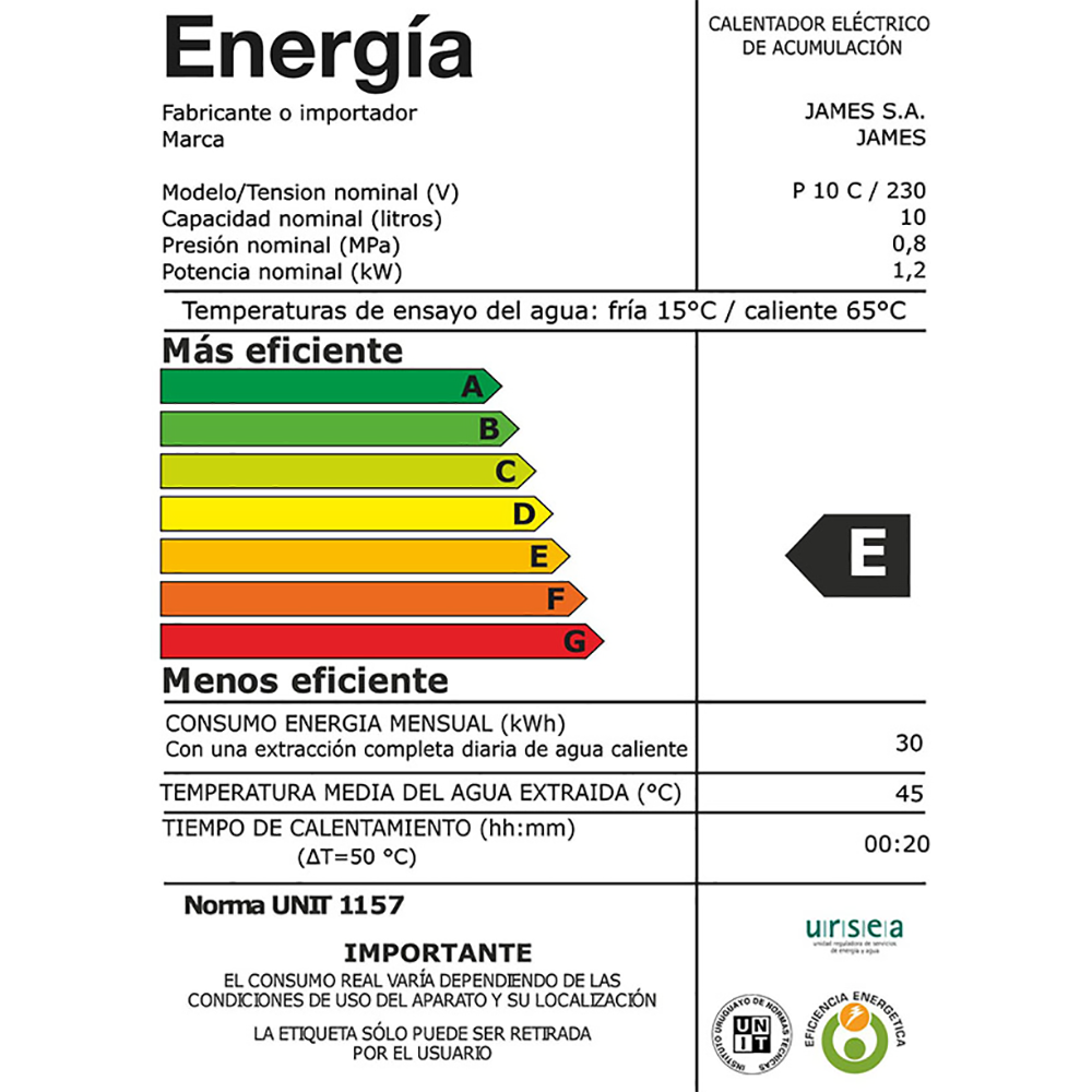 Etiqueta de eficiencia energética Termotanque James Prisma 10 litros